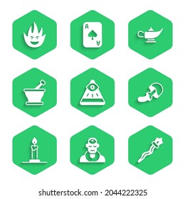 Set Masons, Wizard warlock, Magic staff, Psilocybin mushroom, Burning candle candlestick, Mortar pestle, lamp Aladdin and Fire flame icon. Vector