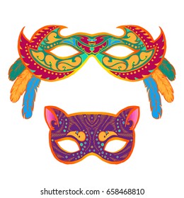 Set of Masquerade colorful masks, isolated on white.