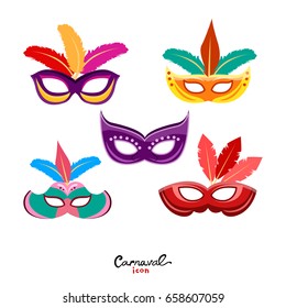 Set of Masquerade colorful masks isolated on white.