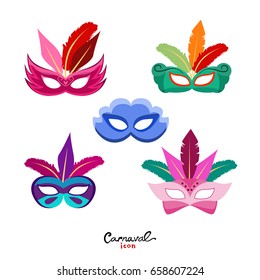 Set of Masquerade colorful masks isolated on white.