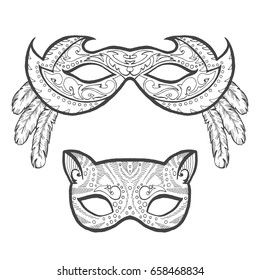 Set of Masquerade outline masks, contour for coloring.