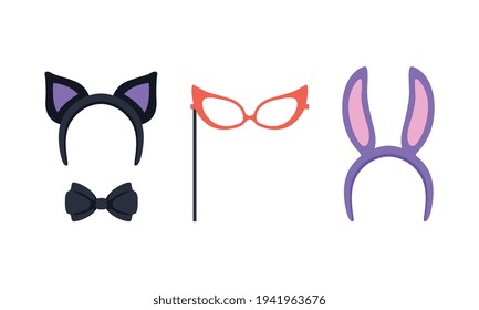 Set of Masquerade Party Costume Accessories, Cat Ears and Bow Tie, Red Glasses, Bunny Ears Cartoon Vector Illustration