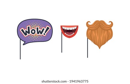 Set of Masquerade Party Costume Accessories, Wow phrase, Hipster Mustaches and Beard, Smiling Mouth on Sticks Cartoon Vector Illustration