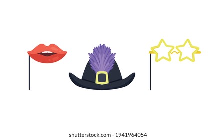 Set of Masquerade Party Costume Accessories, Hat with Feathers, Red Lips on Stick, Star Shaped Cartoon Vector Illustration