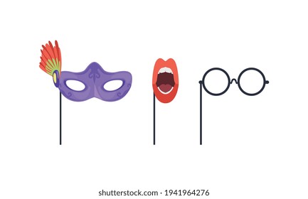 Set of Masquerade Party Costume Accessories, Venetian Mask, Round Glasses, Open Mouth with Red Lips Cartoon Vector Illustration