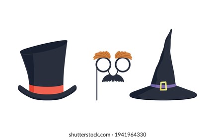 Set of Masquerade Party Costume Accessories, Witch Hat, Black Top Hat, Mustache and Glasses Mask Cartoon Vector Illustration