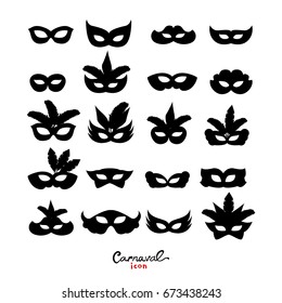 Set of Masquerade silhouette masks isolated on white
