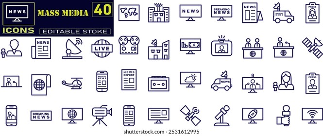 Set of Mass Media Journalism line icons set. 