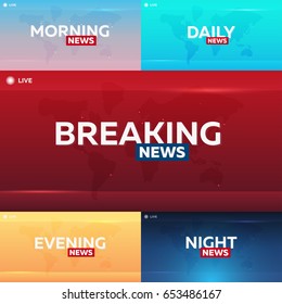 Set Of Mass Media. Morning, Night, Daily And Evening News. Breaking News Banner. Live. Television Studio. TV Show