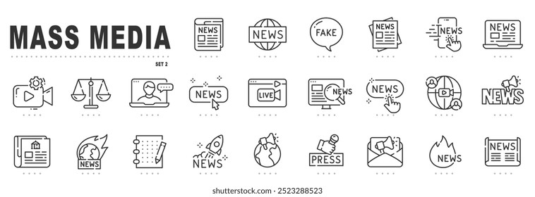 Satz von massenmedienbezogenen Liniensymbolen. Nachrichten, Presse, Live-Nachrichten, TV usw. Bearbeitbarer Strich. Set 2