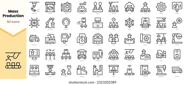 Conjunto de Iconos de producción masiva. Paquete de iconos de estilo de arte de línea simple. Ilustración del vector