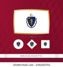 Set of Massachusetts flags with gold frame for use at sporting events on a burgundy abstract background. Vector collection of flags.