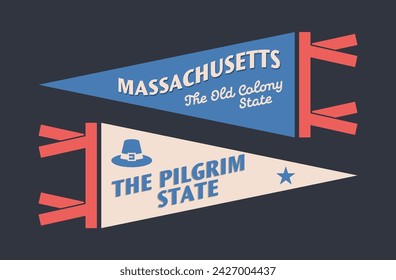 Set of Massachusetts pennants. Vintage retro graphic flag, pennant, star, sign, symbols of USA. The Pilgrim State.