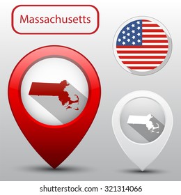 Set of Massachusetts state with flag america and map pointer