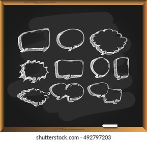 Set of massage bubbles on blackboard background. Free hand drawn. Vector illustration.