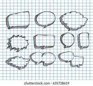 Set of massage bubbles on copybook background. Free hand drawn. Vector illustration.