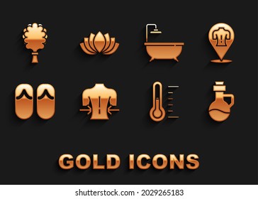 Set Massage, Essential oil bottle, Sauna thermometer, Flip flops, Bathtub, broom and Lotus flower icon. Vector