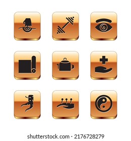 Set Massage, Ginger root, Acupuncture therapy, Kettle with handle, Fitness mat roll, Hypnosis, Yin Yang and Dumbbell icon. Vector