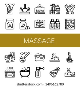Set of massage icons such as Leech therapy, Aroma, Massage, Herbal, Sauna, Fish therapy, Essential oils, Incense burner, Beauty, Jacuzzi, Incense, Hot tub, Ear spray , massage