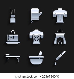 Set Massage, Mortar and pestle, Pipette, Aroma candle, table,  and diffuser icon. Vector