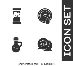 Set Massage, Old hourglass, Essential oil bottle and Sauna thermometer icon. Vector