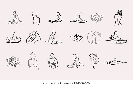 Set of massage Related Vector Icons. Includes such Icons as massage salon, massage therapist, therapy, health, organic, Spa, relaxation, yoga - Shutterstock ID 2124509465