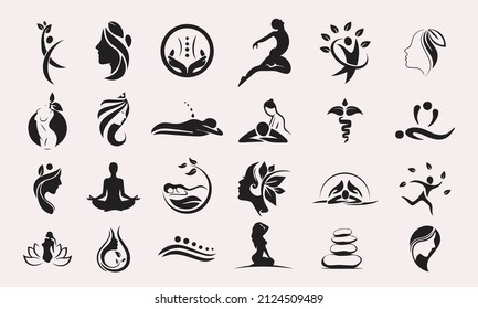 Set of massage Related Vector Icons. Includes such Icons as massage salon, massage therapist, therapy, health, organic, Spa, relaxation, yoga