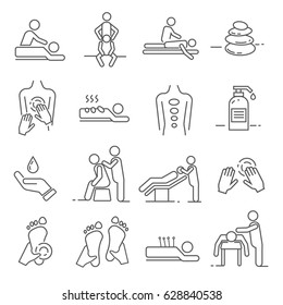 Set of massage Related Vector Line Icons. Includes such Icons as massage salon, massage therapist, therapy, health, treatment, Spa, relaxation