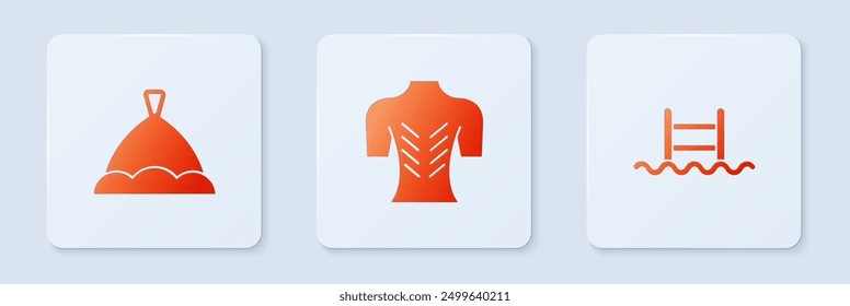 Set Massage, Sauna hat and Swimming pool with ladder. White square button. Vector