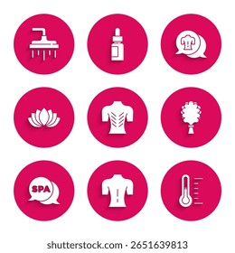 Definir Massagem, Termômetro de Sauna, vassoura, Salão de Spa, flor de lótus e ícone da cabeça do chuveiro. Vetor