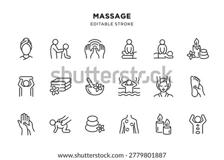 Set of massage and spa icons on white background, minimalist wellness and relaxation symbols. Editable stroke