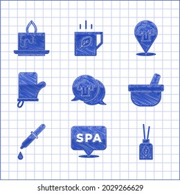 Set Massage, Spa salon, Aroma diffuser, Mortar and pestle, Pipette, Sauna mittens,  and candle icon. Vector