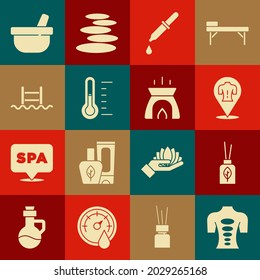 Set Massage stone therapy, Aroma diffuser, Pipette, Sauna thermometer, Swimming pool with ladder, Mortar and pestle and candle icon. Vector