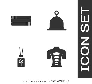 Set Massage stone therapy, Towel stack, Aroma diffuser and Sauna hat icon. Vector