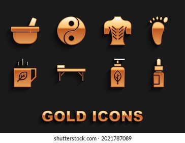 Set Massage table, Foot massage, Essential oil bottle, Cup of tea and leaf, Mortar pestle and Yin Yang icon. Vector