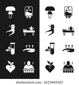 Set Massage table with oil, Ginger root, Mushroom, IV bag, Laboratory glass and leaves, Acupuncture therapy, Sauna spa procedures and Heart icon. Vector