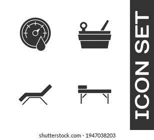 Set Mesita de masaje, Termómetro de Sauna, Sombrilla y paraguas e icono de la cubeta. Vector