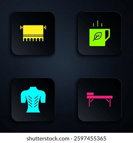 Set Massage table, Towel on hanger,  and Cup of tea and leaf. Black square button. Vector