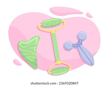 Set of massage tools concept. Face roller near green massager. Skin care and youth. Beauty, elegance and aesthetics. Anti wrinkle, anti aging treatments. Cartoon flat vector illustration - Shutterstock ID 2369320847