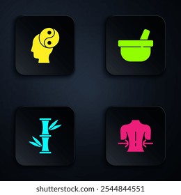 Set Massage, Yin Yang, Bamboo and Mortar and pestle. Black square button. Vector