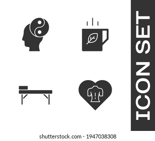 Set Massage, Yin Yang, mesa e ícono de la Copa de té y hoja. Vector