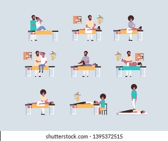 set masseurs therapists doing healing treatment massaging male female patients body manual therapy physiotherapy concepts collection full length