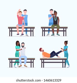 set masseurs therapists doing healing treatment of mix race patients on massage table specialists massaging injured body parts collection manual sport physical therapy concept full length