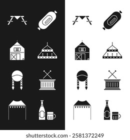 Set Massive steel chandelier, Farm House, Picnic table with benches, Salami sausage, Braid, Musical drum sticks, Beer bottle glass and Camping tent icon. Vector