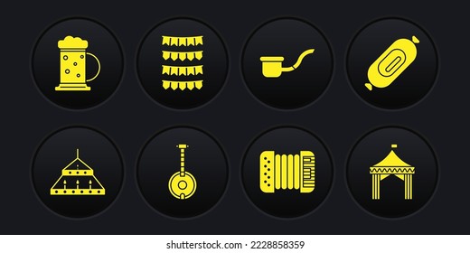 Set Massive steel chandelier, Salami sausage, Banjo, Accordion, Smoking pipe, Carnival garland with flags, Camping tent and Wooden beer mug icon. Vector