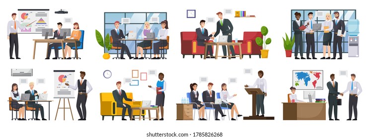 Set with master class presentation training. Teamwork or team building, office business meeting. Team brainstorming, annual report and statistics graphics discussion and planning. Business people work