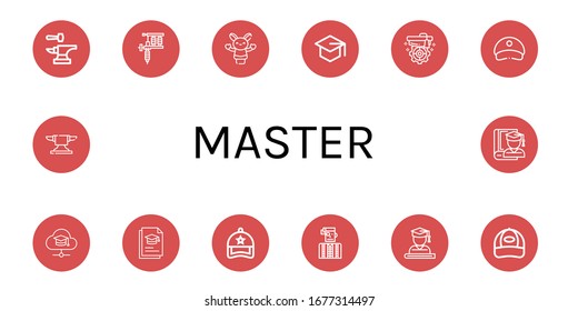 Set of master icons. Such as Anvil, Tattoo machine, Hand puppet, Mortarboard, Cap, Graduation, Watchmaker, Graduate , master icons