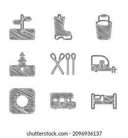 Set Match stick, RV motorhome vehicle, Bed, Rv Camping trailer, Sun, Tree, Bucket and Road traffic sign icon. Vector