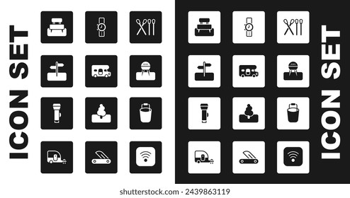 Set Match stick, RV motorhome vehicle, Road traffic sign, Bench, Barbecue grill, Wrist watch, Bucket and Flashlight icon. Vector