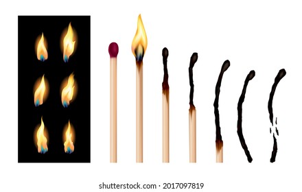 Set of match sticks with burning sequence. Wooden matches in different stages burning and glowing red, blown out and completely burned. Abstract realistic vector illustration